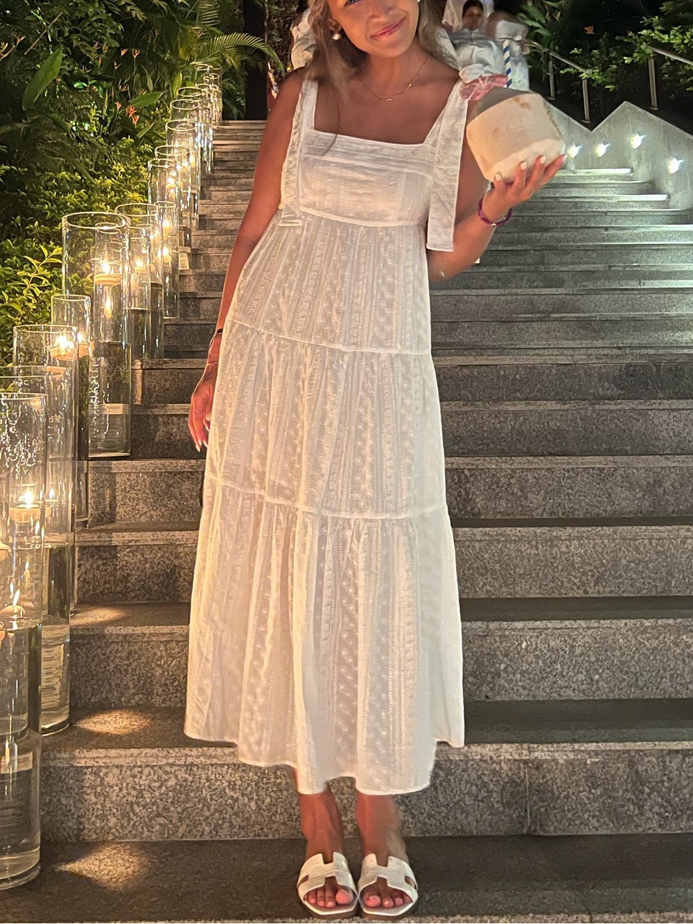 o.p.t. Women's White Tie-Shoulder Tiered Sundress
